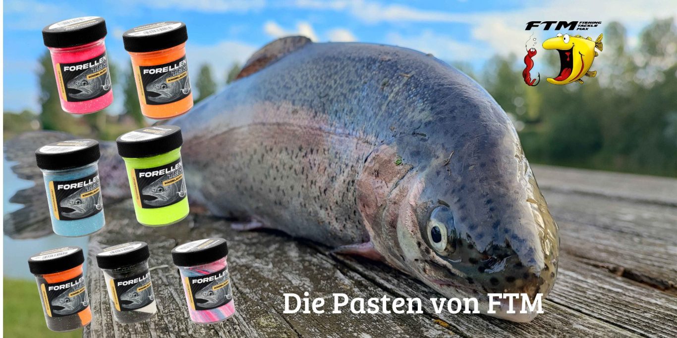 Die Pasten von FTM Ein großer Fisch liegt auf einem Holzstamm, umgeben von bunten Angelködern.